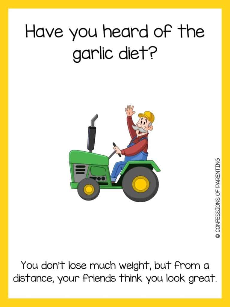 Farmer joke on white background with yellow border and waving farmer in blue overalls sitting on green tractor
