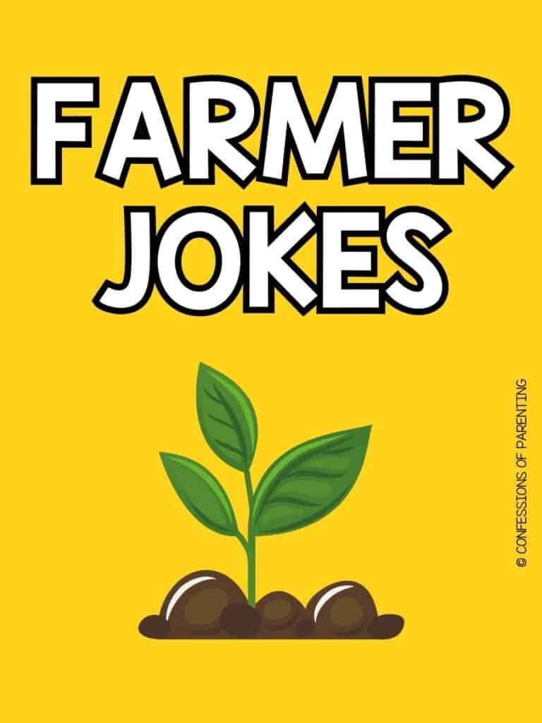 Farmer jokes on bright yellow background with green seedling planted in dark brown soil
