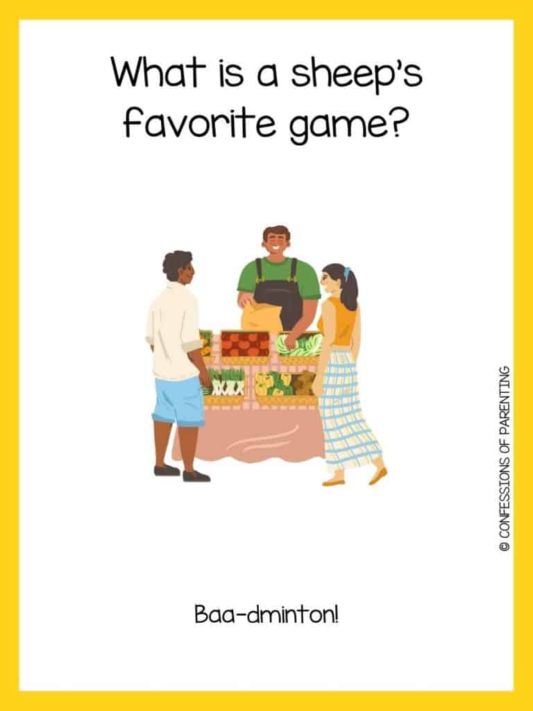 Farmer joke on white background with yellow border and two smiling men and a woman standing around a pink table with brown boxes full of fresh vegetables