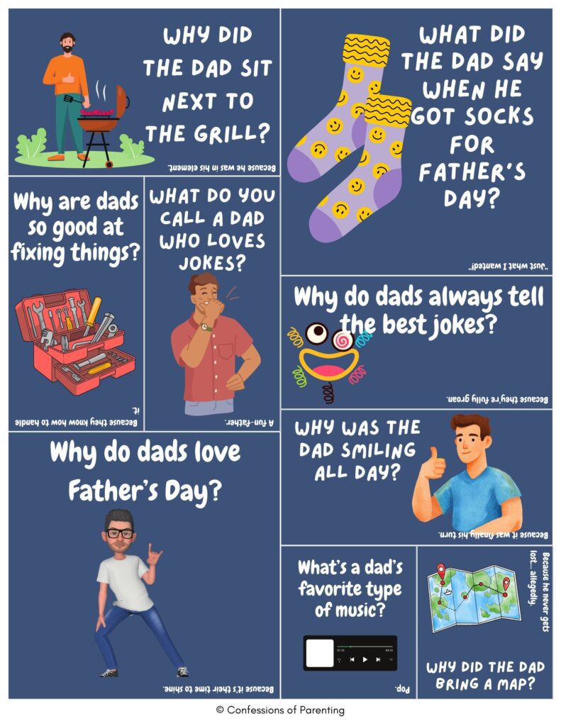 Father’s Day dad jokes poster with cartoon dad grilling, socks, tools, and map, featuring funny dad jokes and puns celebrating dads and Father’s Day humor.
