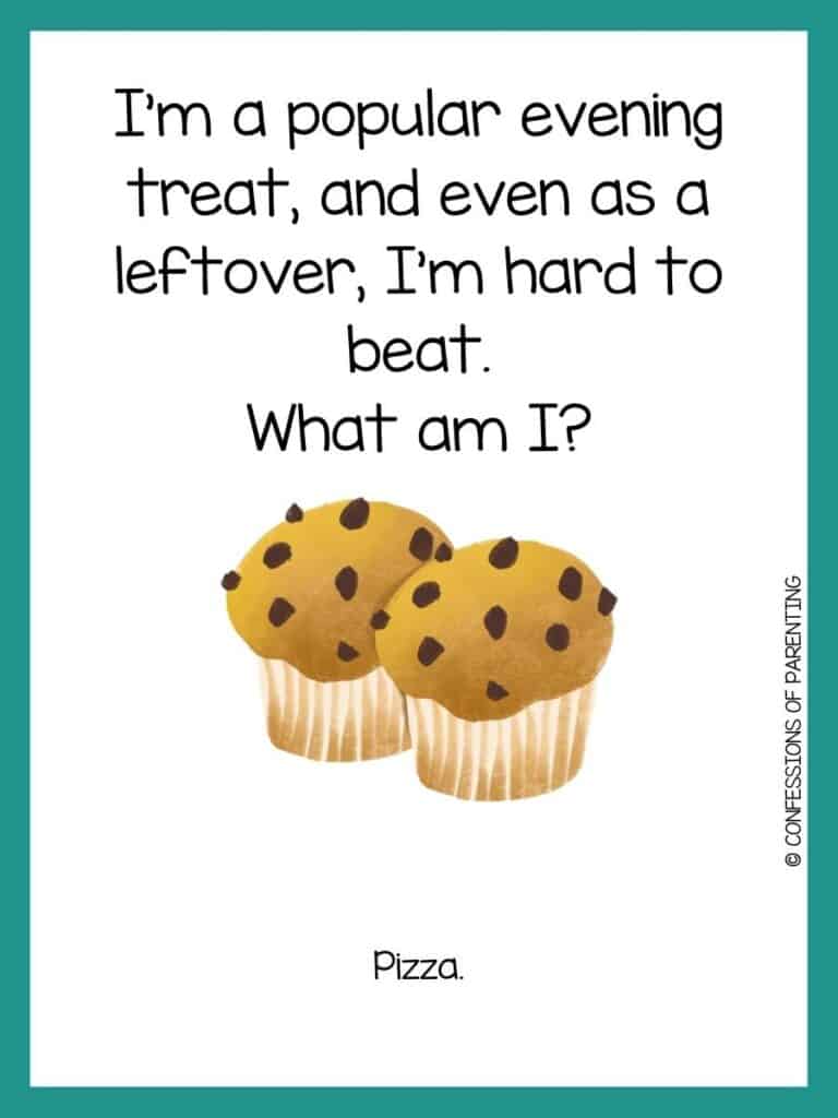 Two chocolate chip muffins on white background with green background and food riddle for kids.