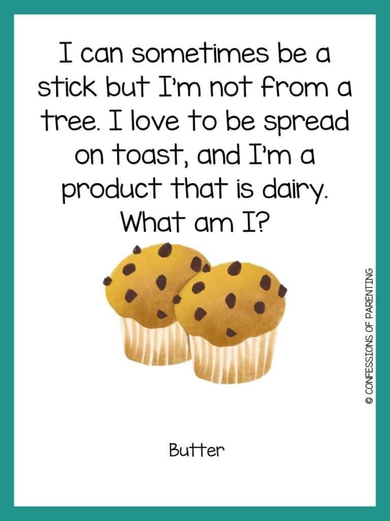 Two muffins with chocolate chips on a white background with green border and food riddle for kids.