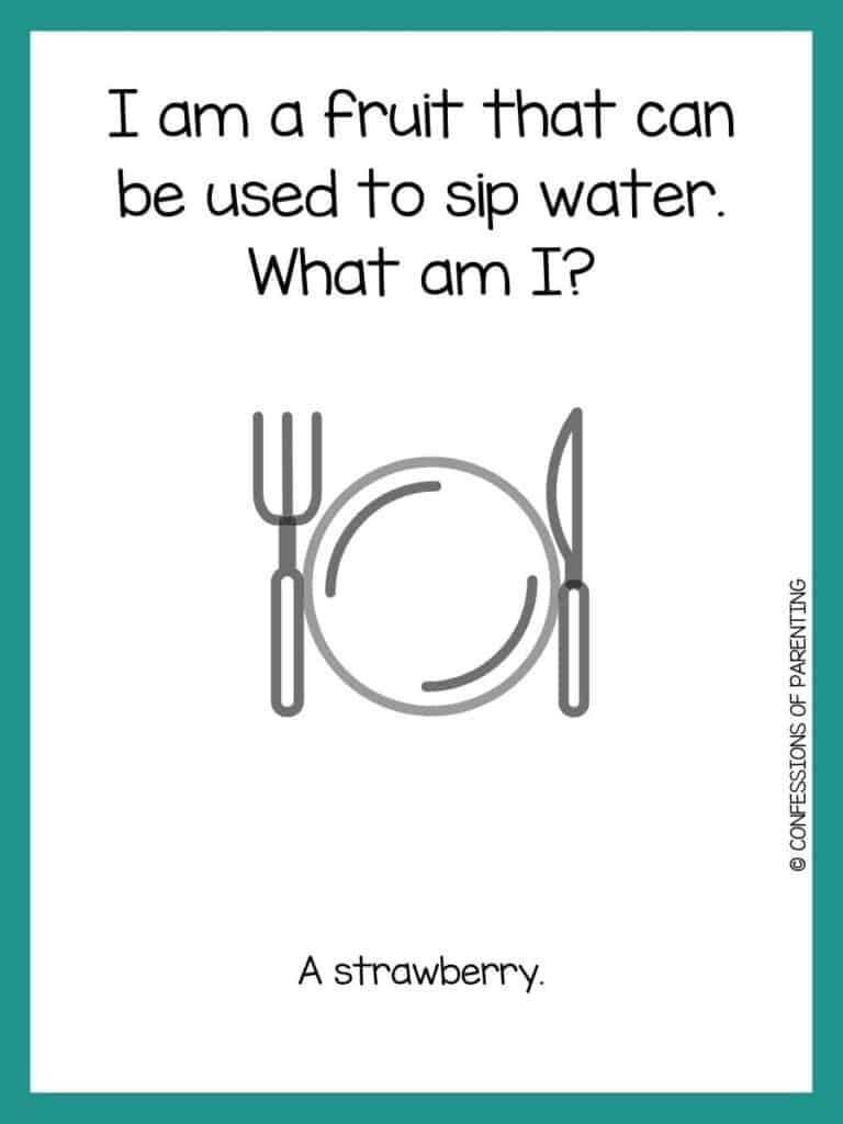 Fork, plate, and knife graphic on white background with green border and food riddle for kids.