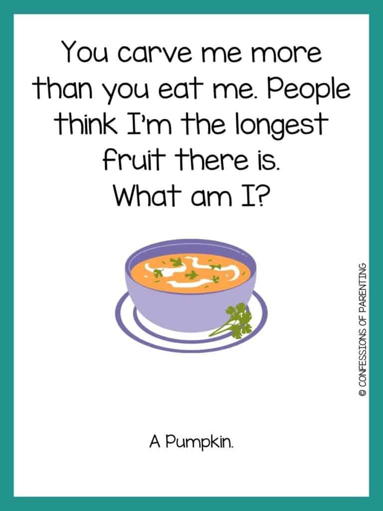 Blue bowl with orange soup on a plate on white background with green border and food riddle.