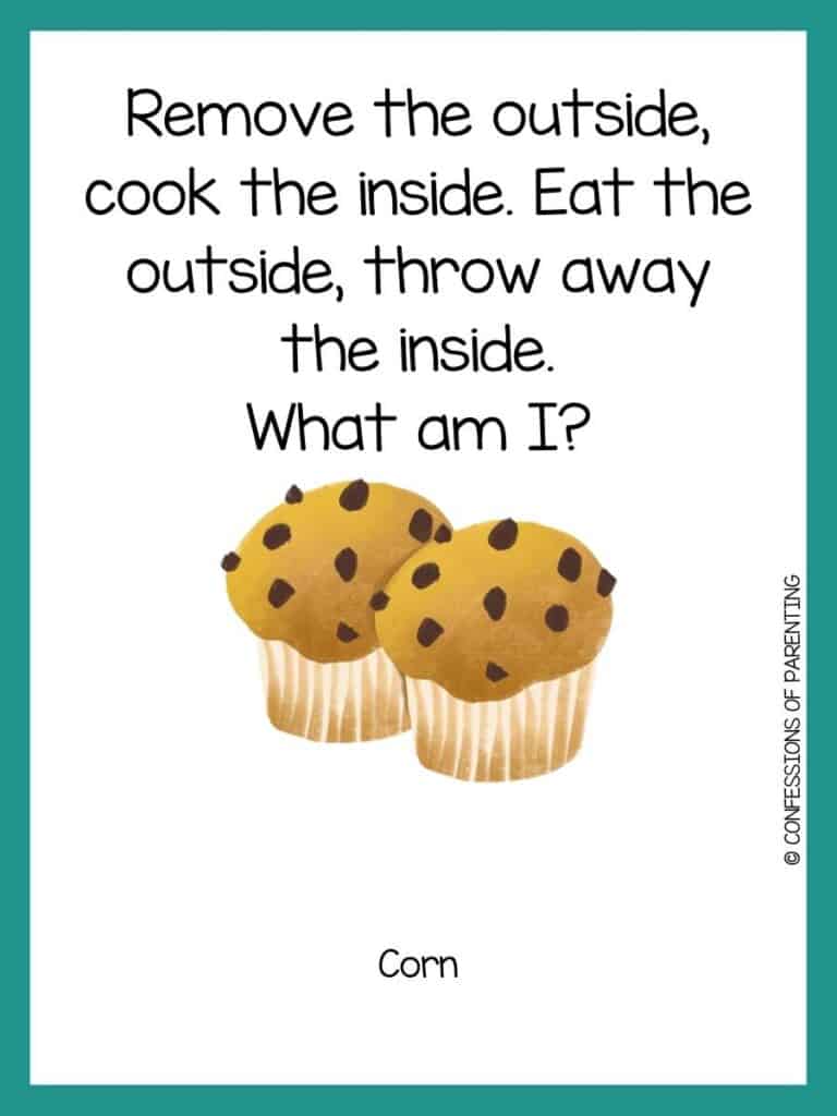 Two chocolate chip muffins on white background with green border and food riddle for kids.