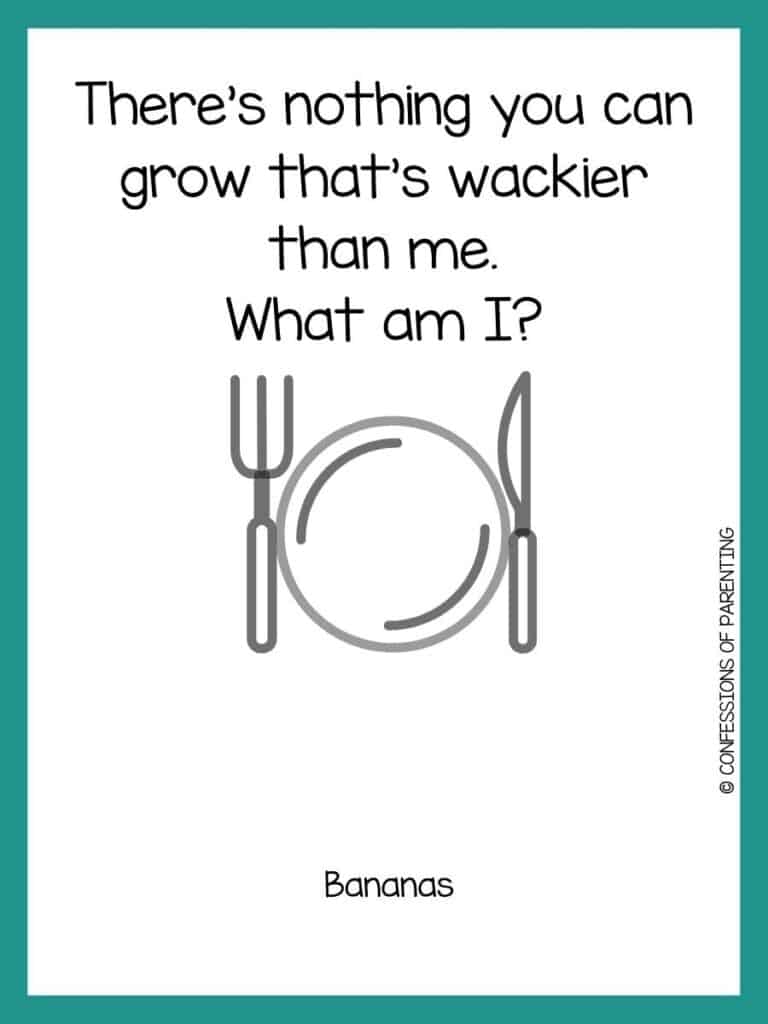 Fork, plate and knife graphic on white background and green border with food riddle for kids.