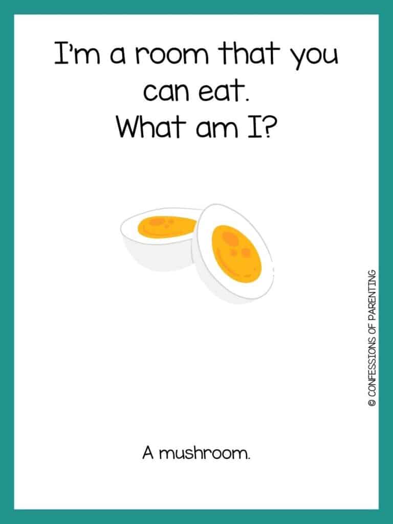 Two yellow and white hardboiled eggs on white background with green border and food riddle.