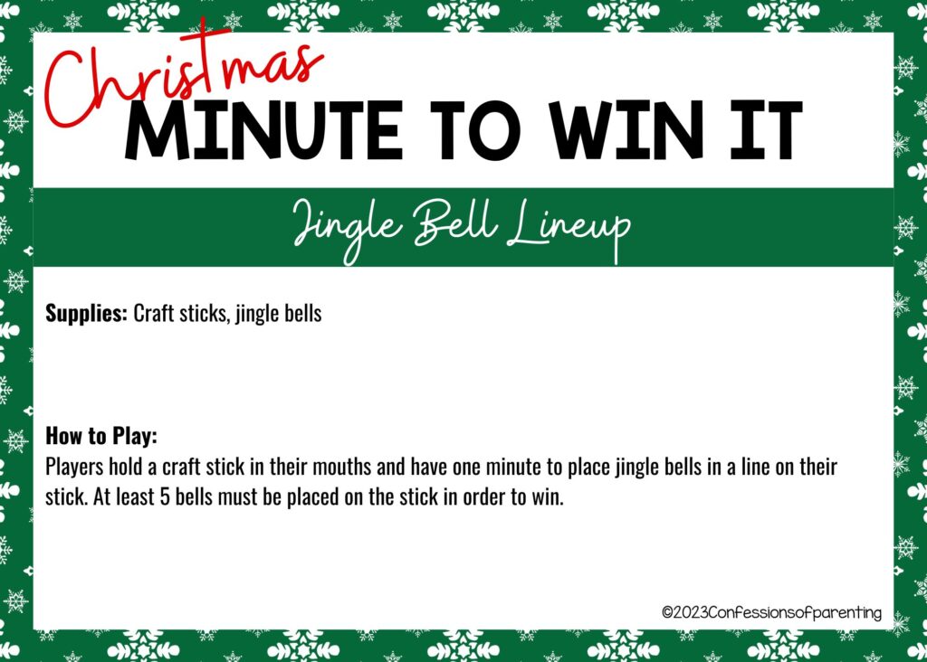 green border with white background, with directions and supplies needed for Jingle Bell Lineup game.