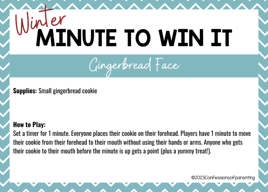 light blue border on white background with Gingerbread Face minute to win it game instructions