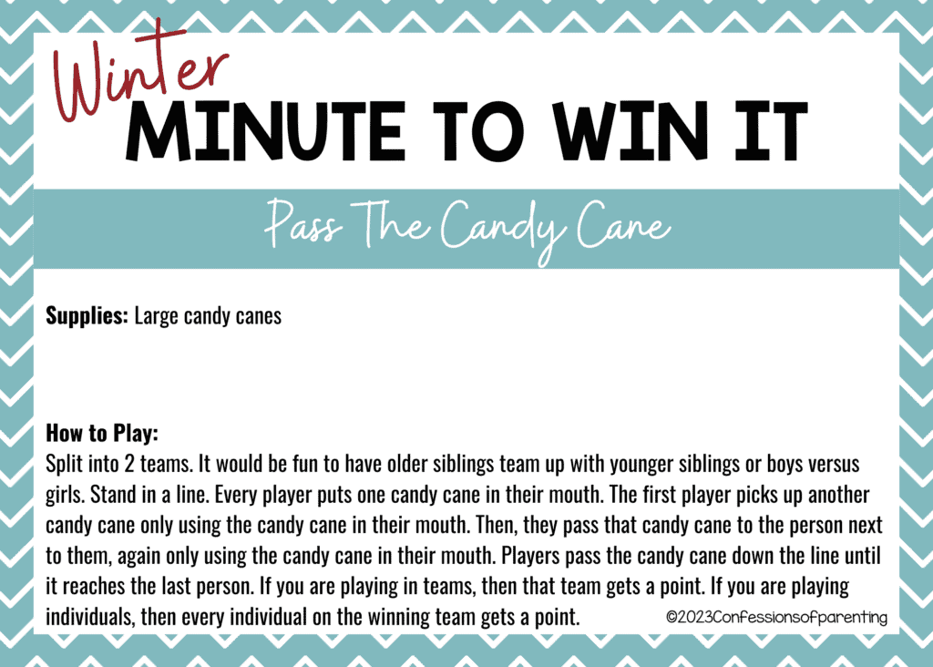light blue border on white background with Pass the Candy Cane minute to win it game instructions