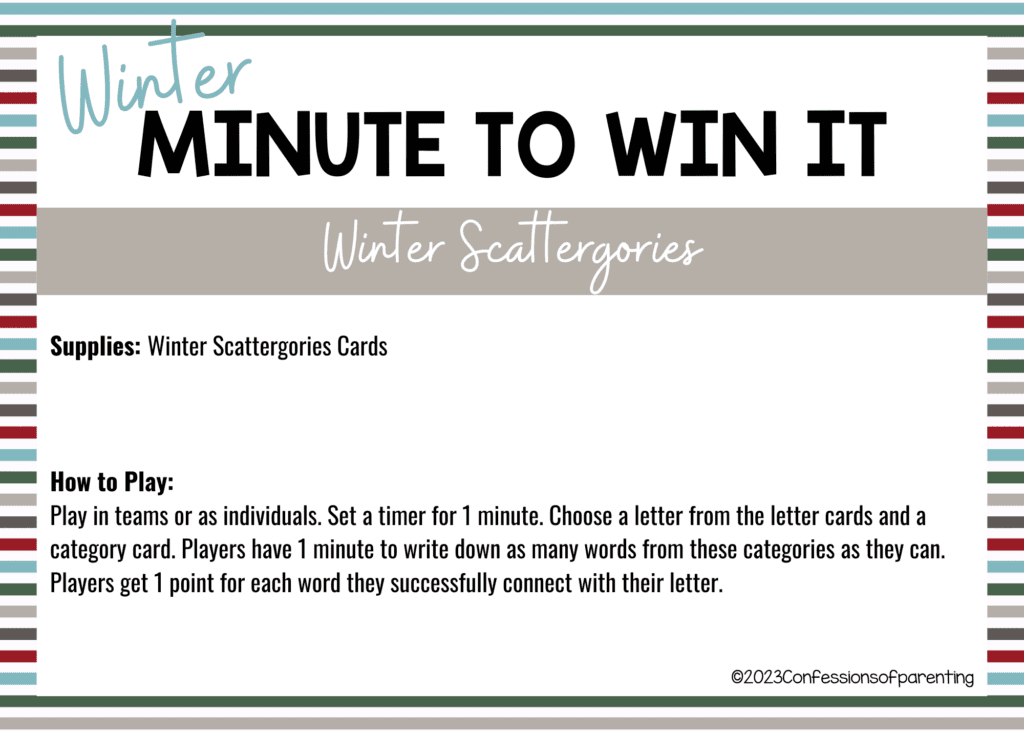 light blue, red, green and grey striped border on white background with Winter Scattergories minute to win it game instructions