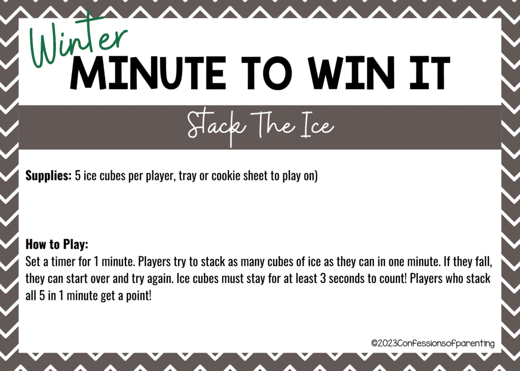 grey chevron border on white background with Stack the Ice minute to win it game instructions