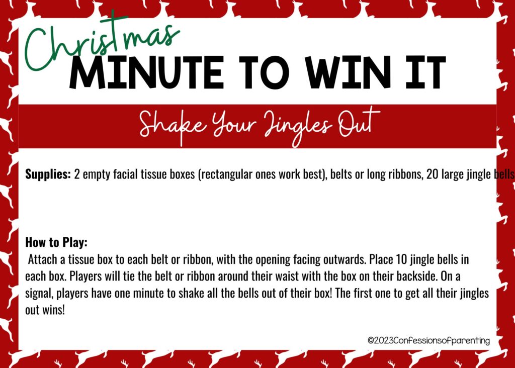 red border with white background, with directions and supplies needed for Shake Your Jingles Out game.