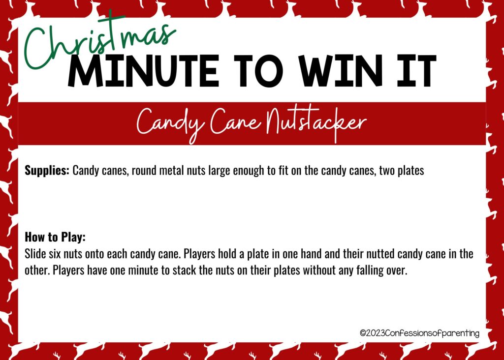 red border with white background, with directions and supplies needed for Candy Cane Nutstacker game.