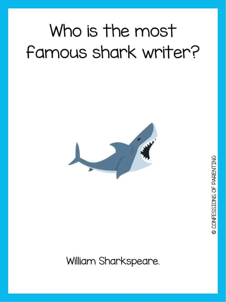 shark joke with shark who's mouth is open about to bit something with a blue border.