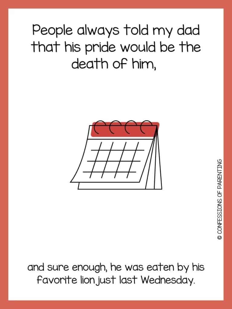 Wednesday Jokes with a monthly calendar with pages flipping and a red strip at the top of the calendar and four black rings holding the calendars together with a red border.