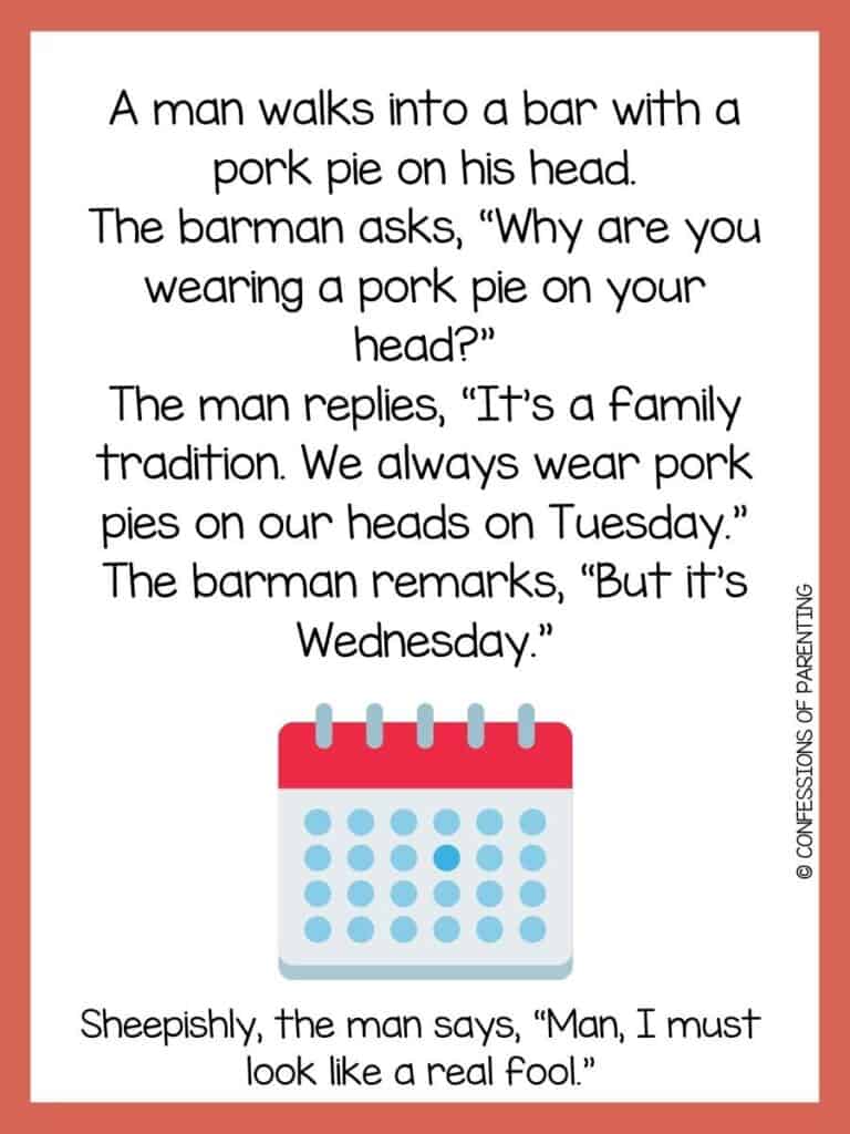 Wednesday joke with a monthly calendar with a red strip on the top and twenty-three light blue dots and one dark blue dot marking the days on the calendar with a red border.