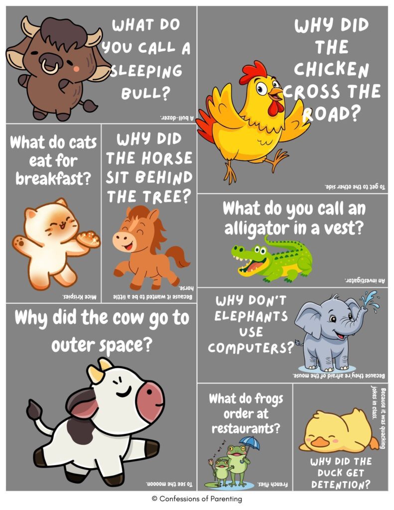 Funny animal joke cards with cartoon chicken, cow, elephant, frog, and cat on gray background, featuring kid-friendly riddles