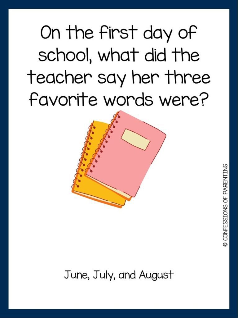 in post image with white background with blue border, black text with back to school joke, and image of notebooks