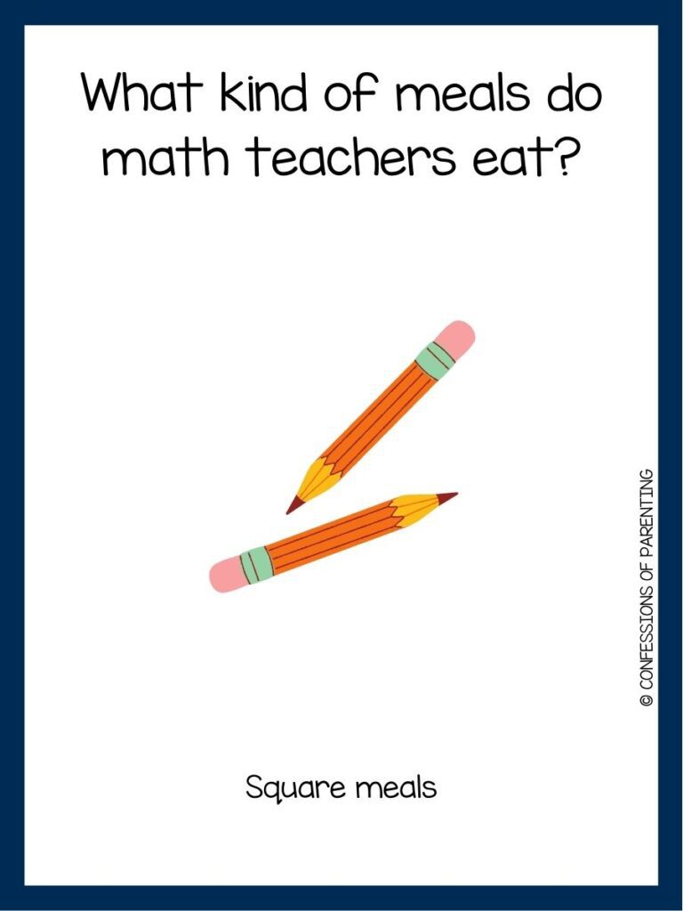 in post image with white background with blue border, black text with back to school joke, and image of pencils