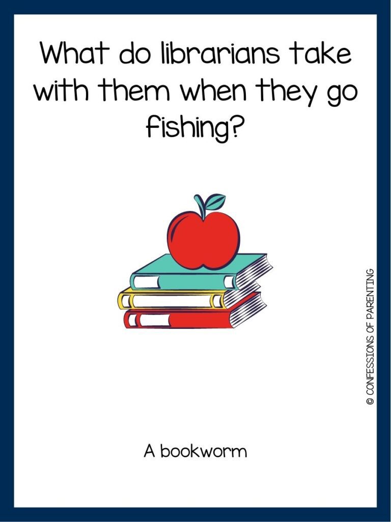 in post image with white background with blue border, black text with back to school joke, and image of books and apple