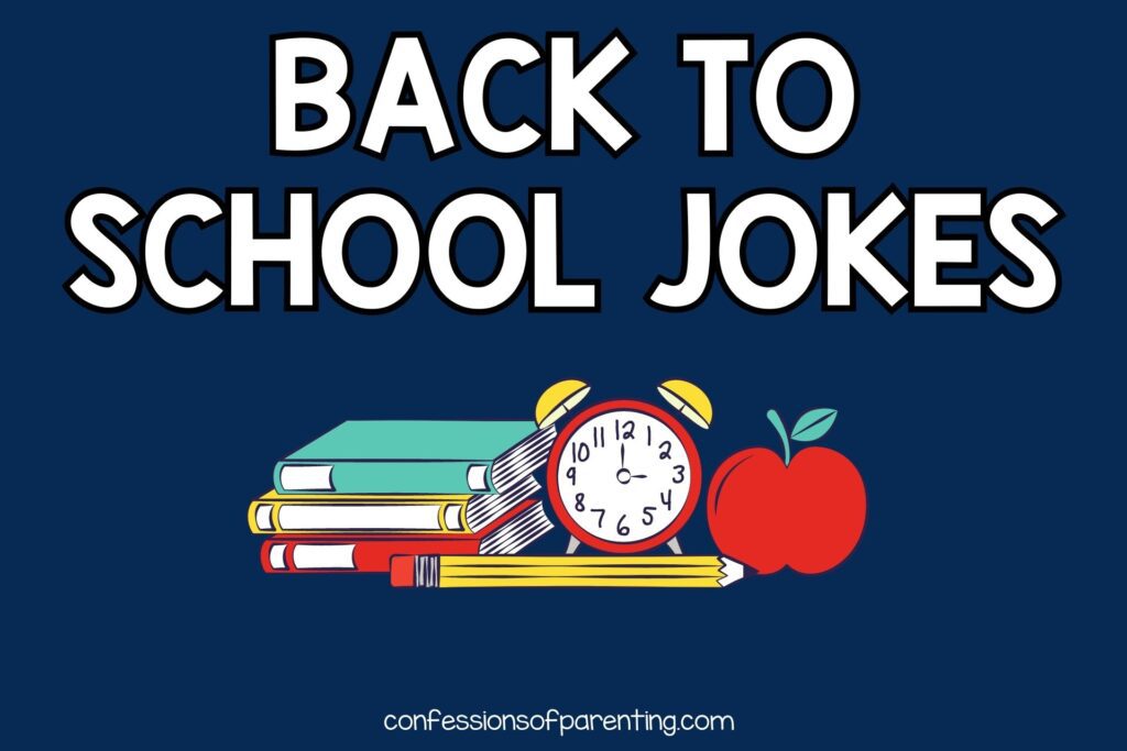 featured image, with blue background, bold white text stating "Back to School Jokes" and image of books, clock, apple and pencil