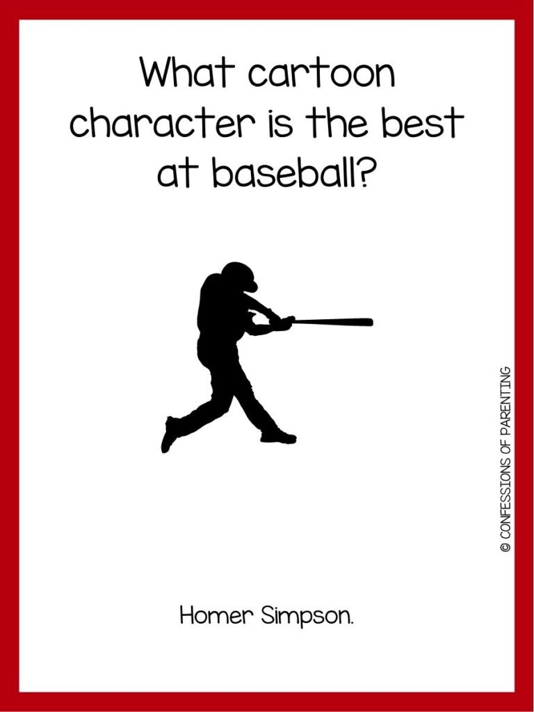 in post image with a white background with red border, baseball joke, and image of a baseball player