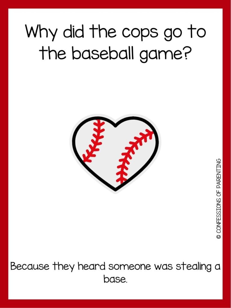 in post image with a white background with red border, baseball joke, and image of a heart shaped baseball 