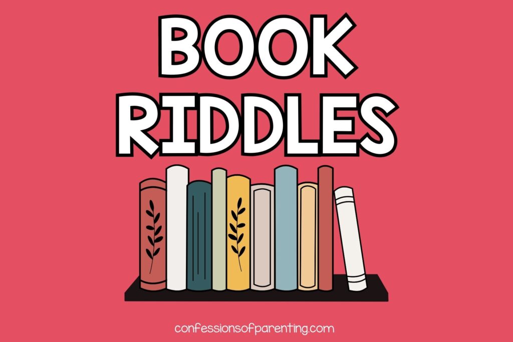 pink background with several books in a row with white text that says "book riddles"