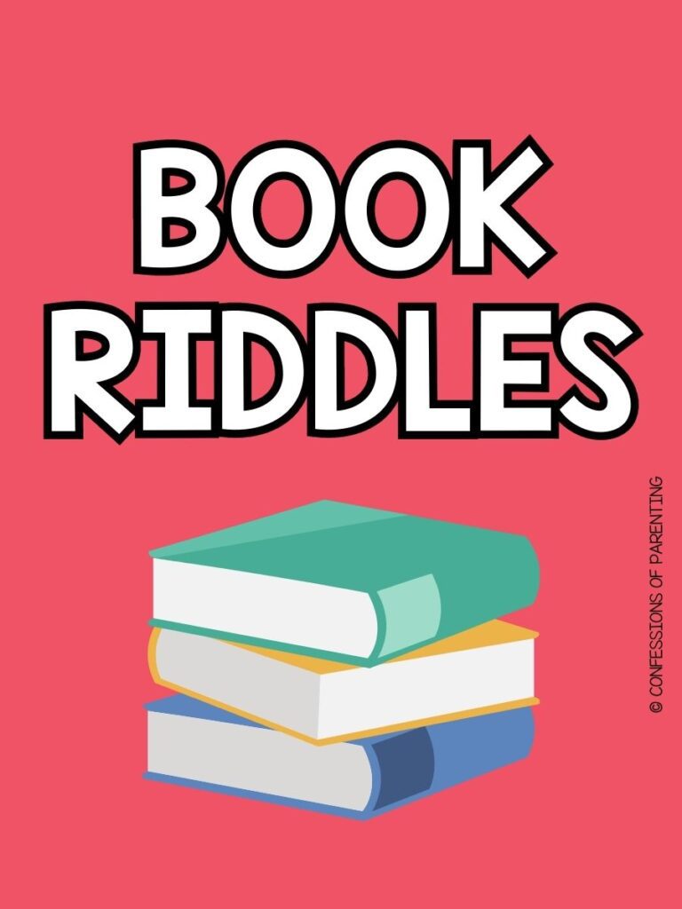 pink background with 3 books stacked in a pile with white text that says "book riddles"