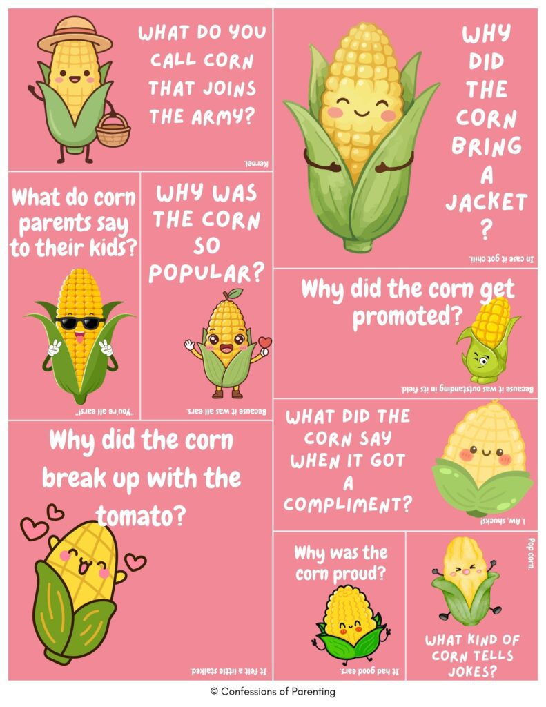 Cute corn joke cards with smiling cartoon corn and funny kid-friendly questions on pink background,