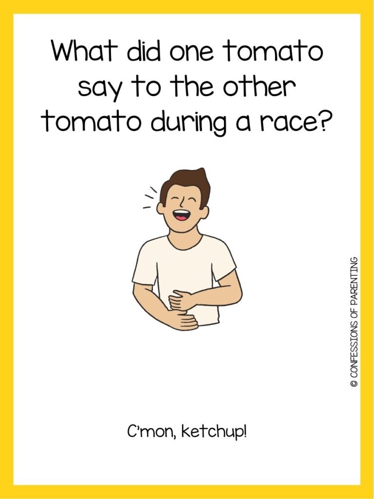 in post image with white background, yellow border, text of a corny joke, and an image of a boy laughing