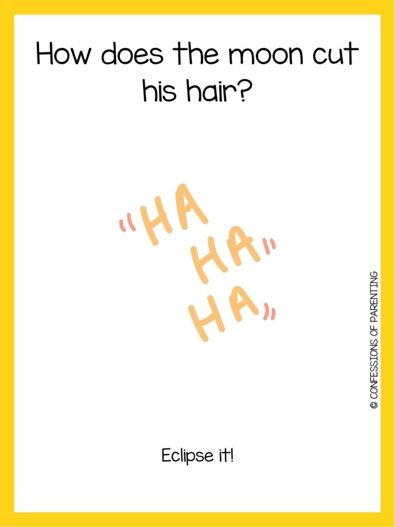 in post image with white background, yellow border, text of a corny joke, and an image of text stating "haha"