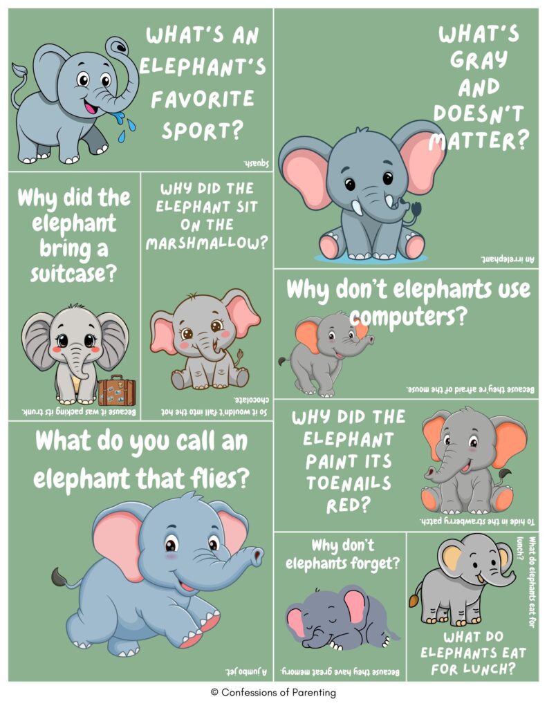Kid-friendly elephant joke cards with cute cartoon elephants on green background, showing funny riddles and punchlines about elephants, computers, sports, and lunch.