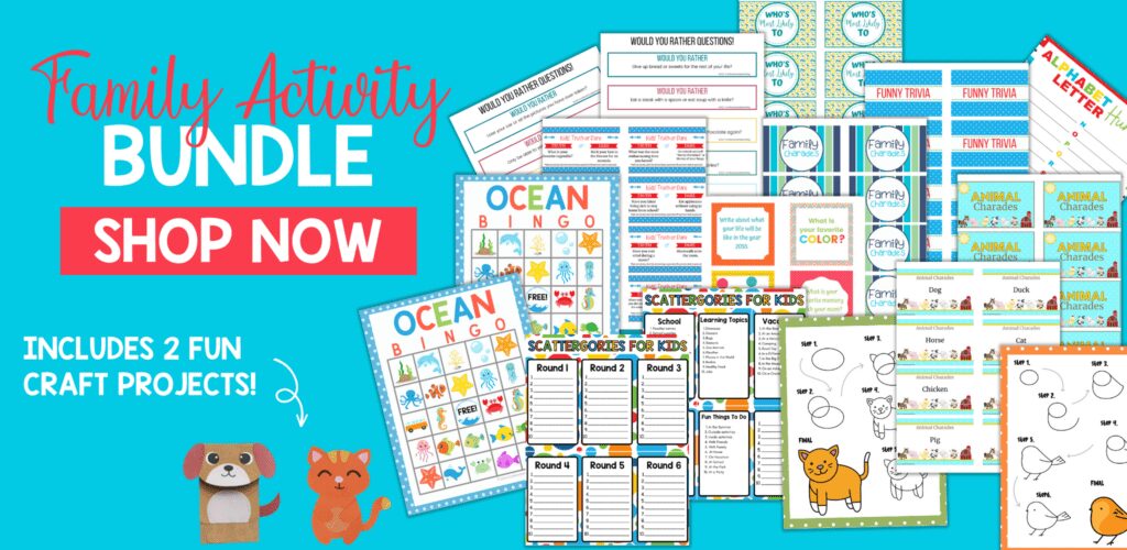 family activity bundle PDF on blue background with red box that says shop now