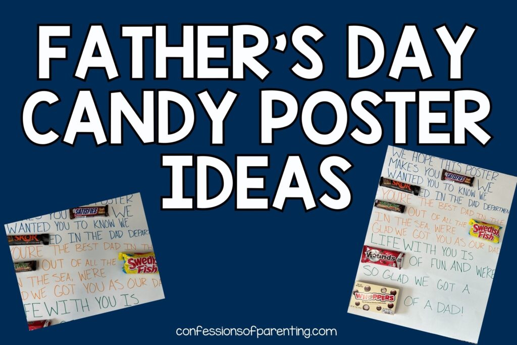 white text "Father's day candy poster ideas" on blue background with 2 images of father's day candy posters