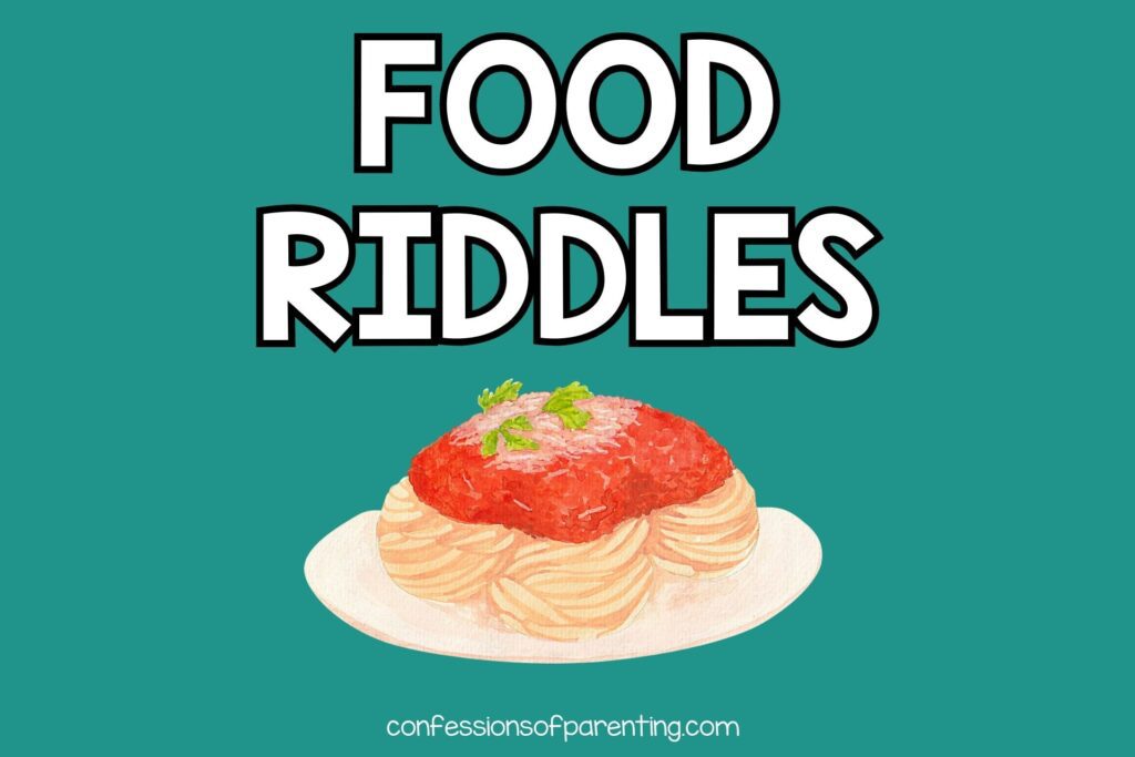 green background with pile of spaghetti on plate with white text "food riddles"