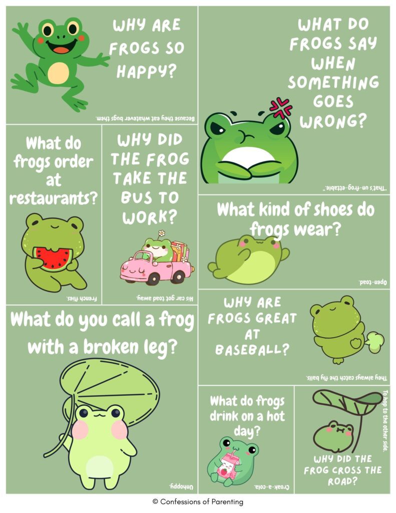 Kid-friendly frog joke cards with cute cartoon frogs and funny questions on green background
