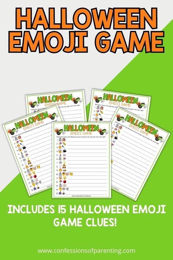 mockup image with white and green background, bold orange text stating "Halloween Emoji Game" and images of halloween emoji game