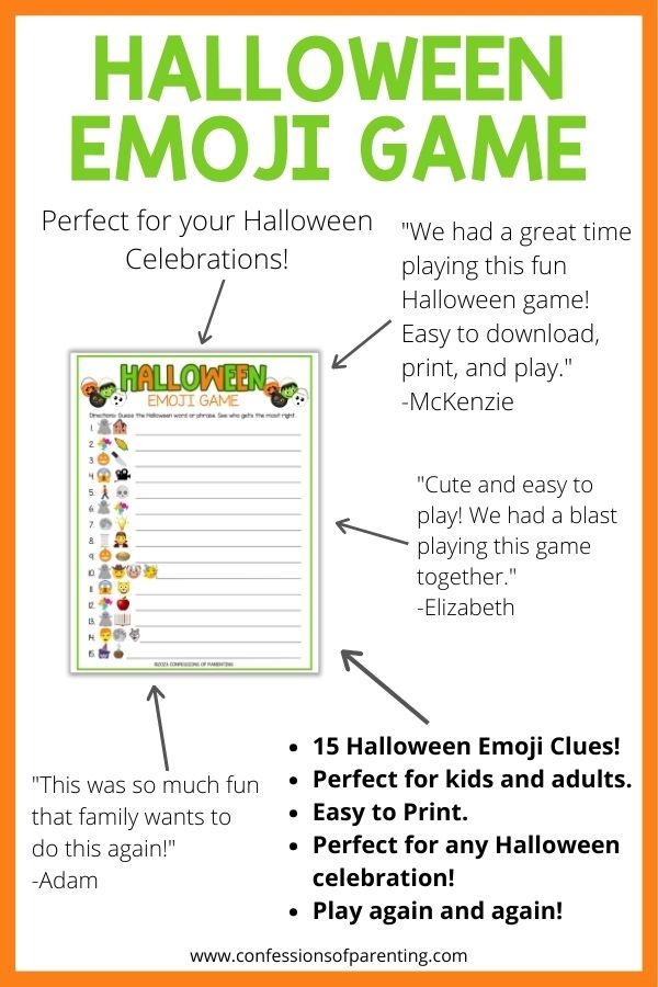 mockup image with white background, orange border, bold green text with orange border stating "Halloween Emoji Game" and images of halloween emoji game surrounded by reviews of the game