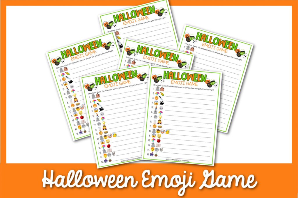 featured image with white background, orange border, bold white text stating "Halloween Emoji Game" and images of halloween emoji game