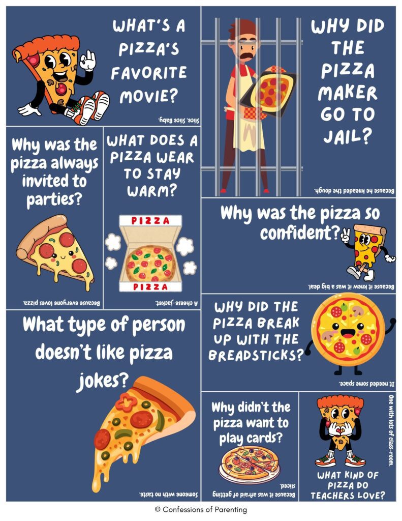 Pizza jokes featuring cartoon pizza slices and funny questions like “Why was the pizza always invited to parties?” and “What type of person doesn’t like pizza jokes?”