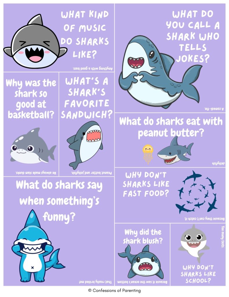 Cute shark joke cards with cartoon sharks and funny kid-friendly questions on purple background