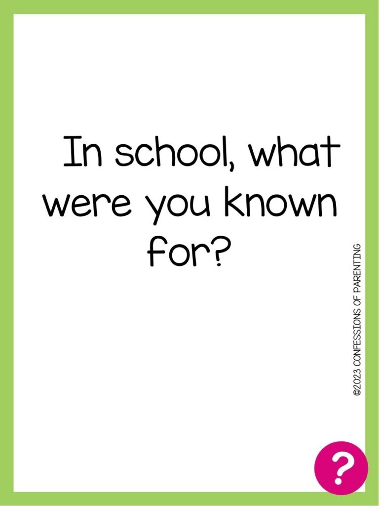 in post image with white background, green border, text of speed dating question and pink question mark image