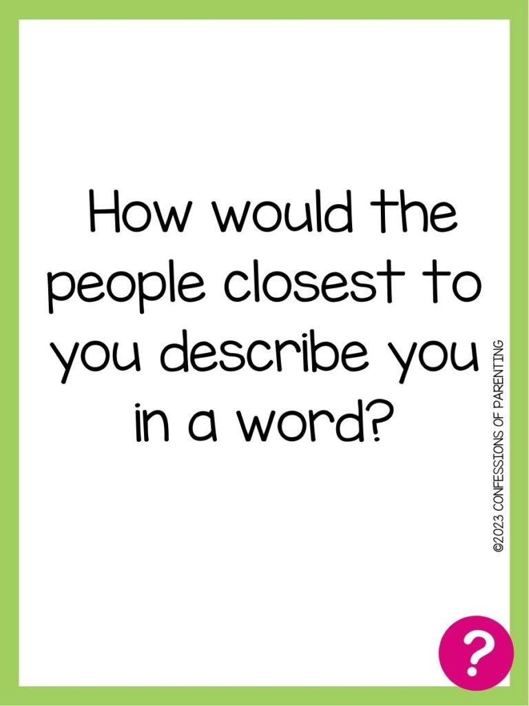 in post image with white background, green border, text of speed dating question and pink question mark image