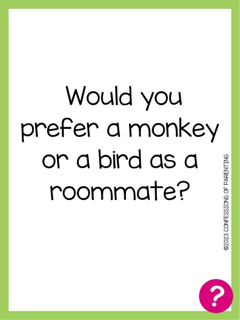 in post image with white background, green border, text of speed dating question and pink question mark image