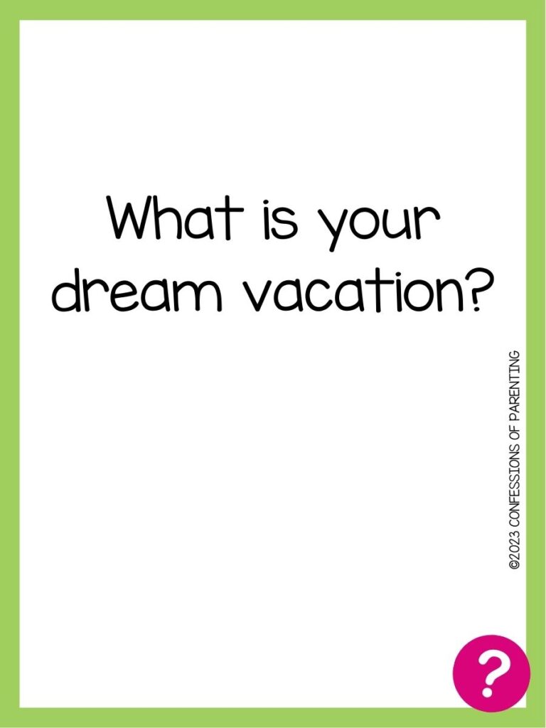 in post image with white background, green border, text of speed dating question and pink question mark image