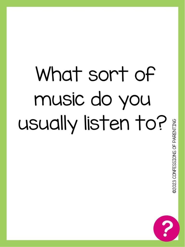 in post image with white background, green border, text of speed dating question and pink question mark image