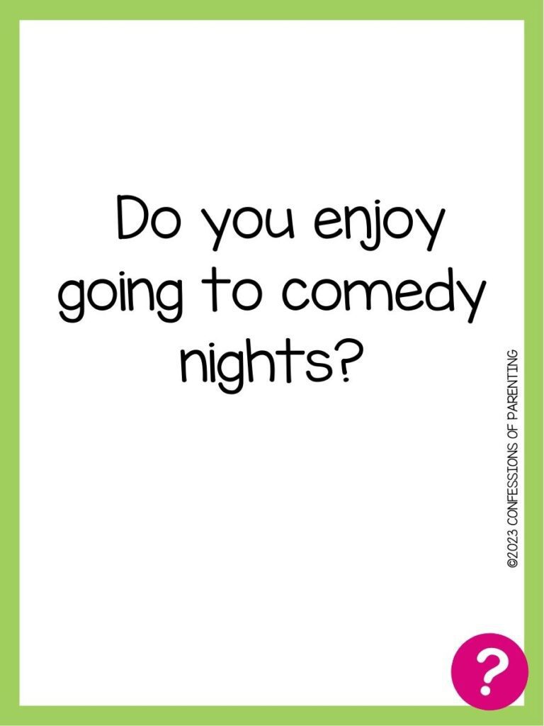in post image with white background, green border, text of speed dating question and pink question mark image