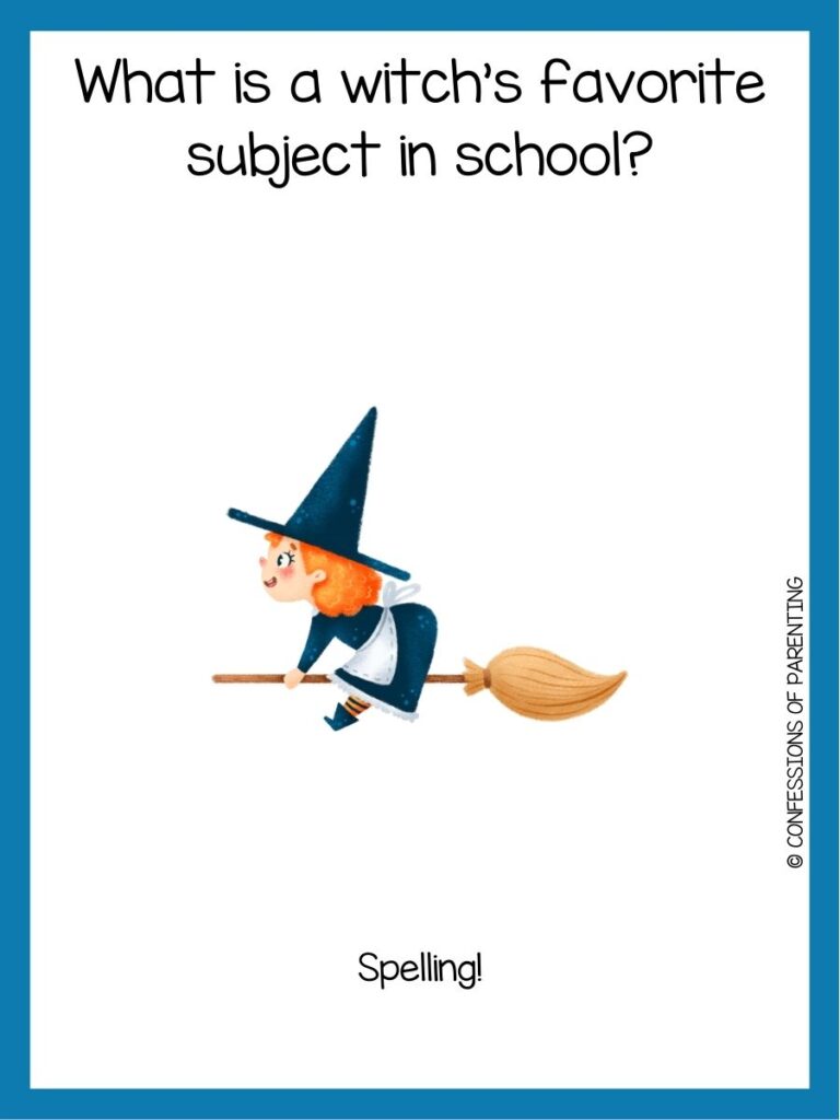 in post image with white background and blue border, text with a toddler joke and image of a witch